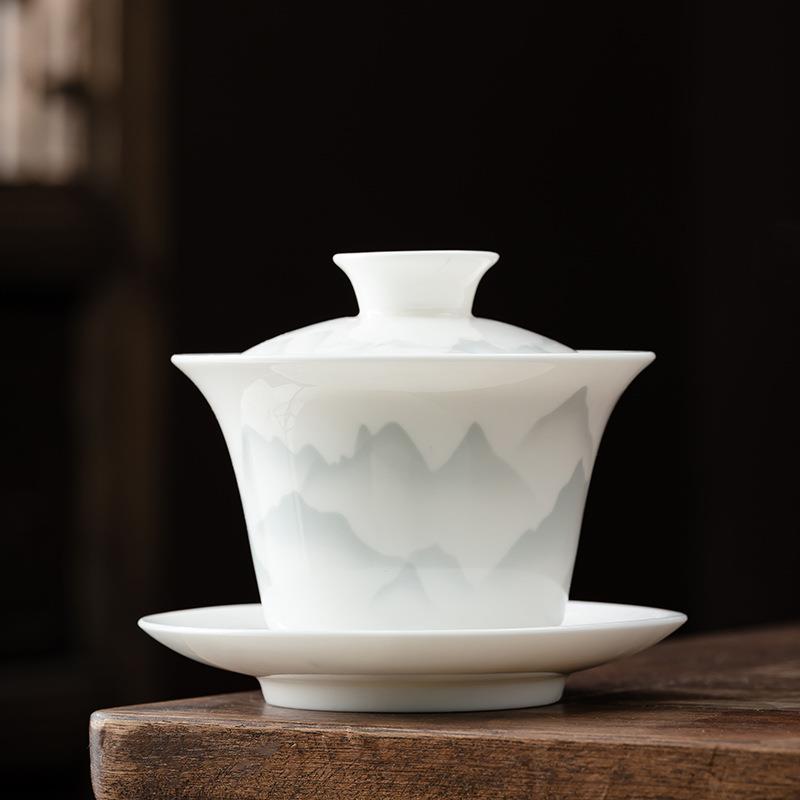 德化羊脂玉白瓷功夫茶具盖碗茶壶单配件三才碗茶壶定制送礼logo