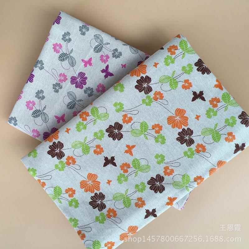 印花棉麻 亚麻布 DIY手工布料 背景布 工艺品用布 黄色 紫蝴蝶