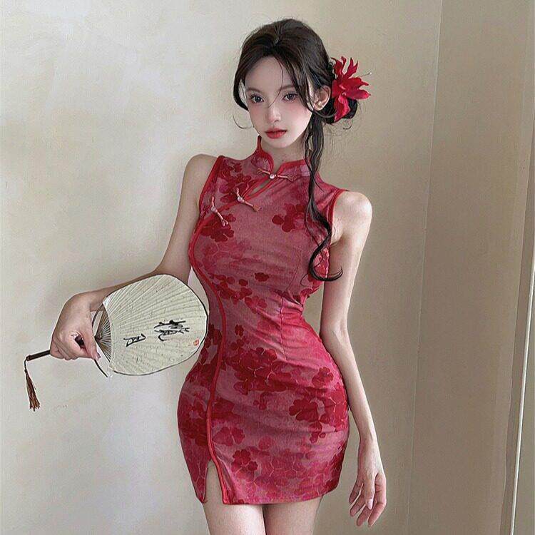 夏季新中式国风年轻款改良旗袍短款性感红色连衣裙直播女主播衣服