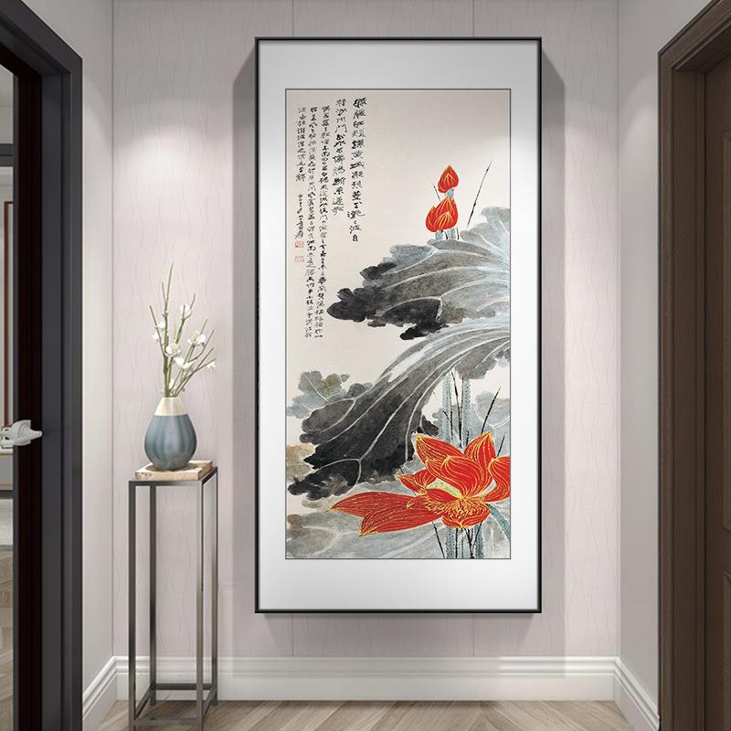 新中式禅意荷花翠鸟名画客厅玄关餐厅壁挂画中国风水墨装饰画莲花