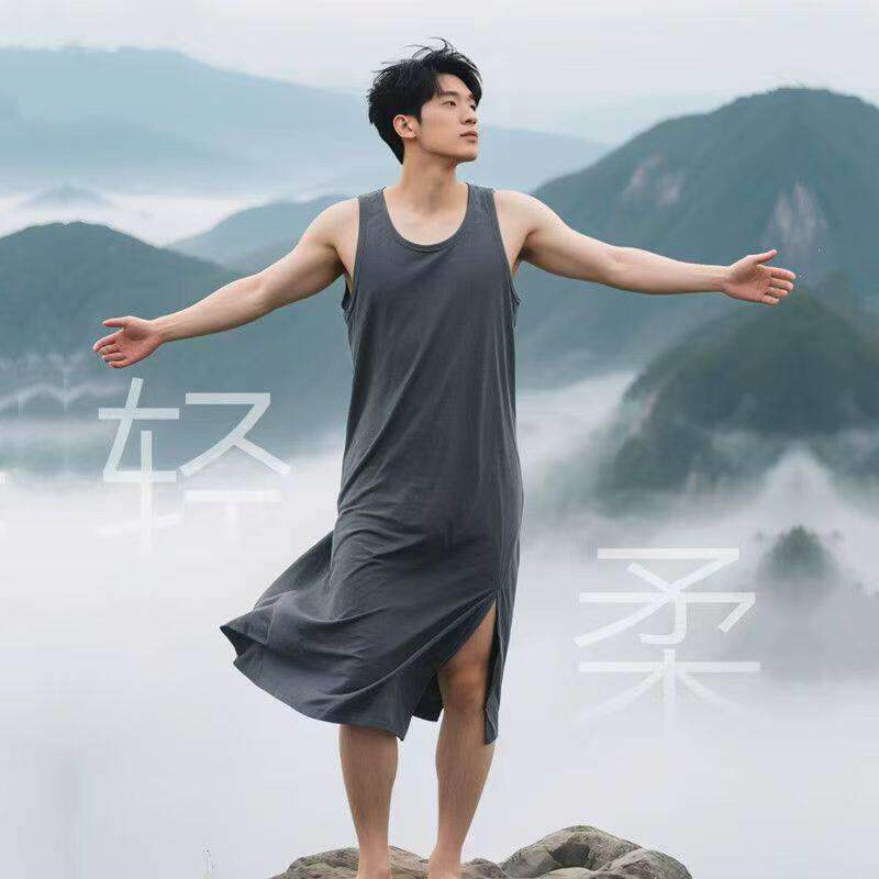 男士睡裙新款夏季薄款丝滑大尺码宽松背心纯色睡袍莫代尔男睡衣浴