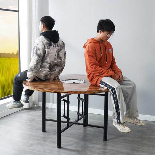 火锅桌子电磁炉一体圆桌家用实木餐桌酒店餐馆带转盘面板折叠桌架