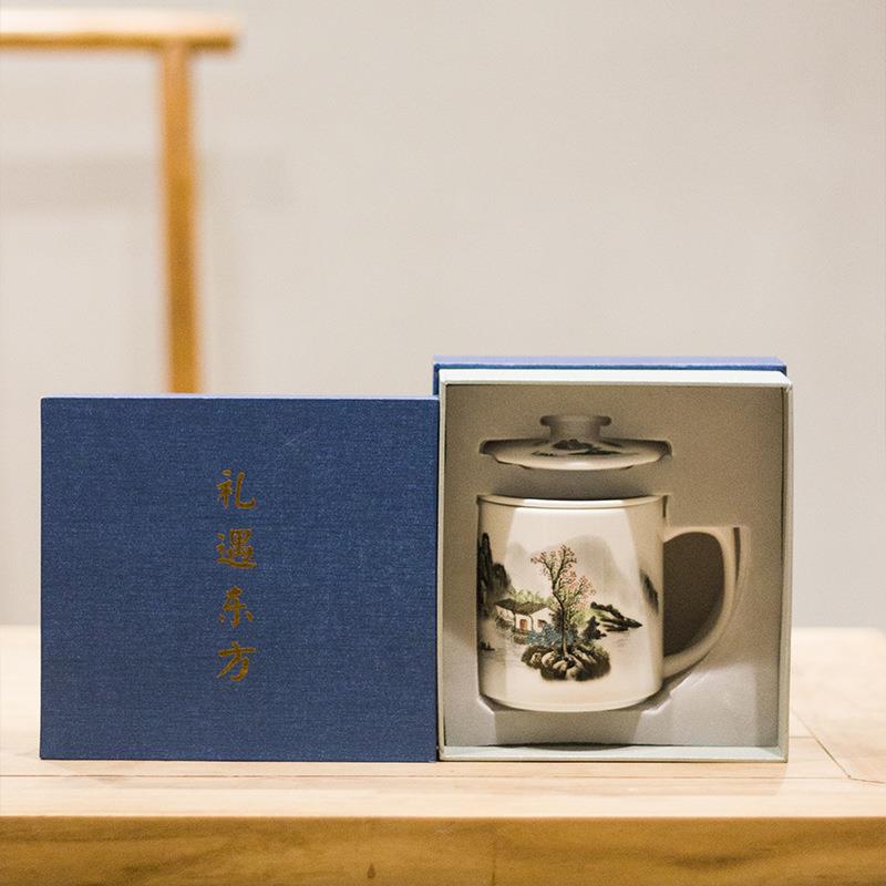 新中式带盖陶瓷杯办公室泡茶杯带过滤网茶水分离杯茶隔杯主人杯