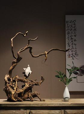 枯木风化根雕新中式禅意桌面摆件玄关电视柜边几茶桌创意家居装饰