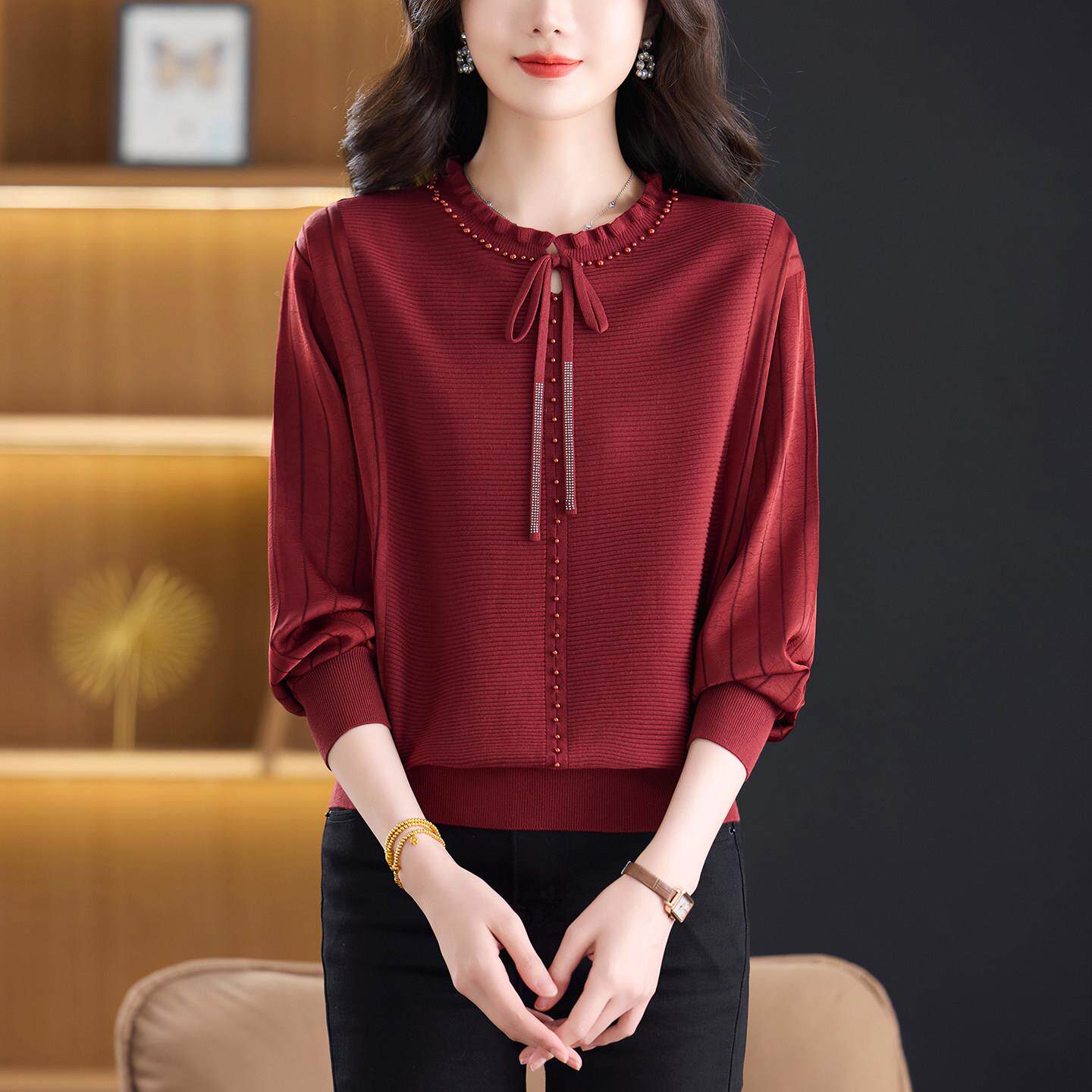 2026春季新款桑蚕丝钉珠系带针织衫女妈妈装大码洋气气质长袖T恤