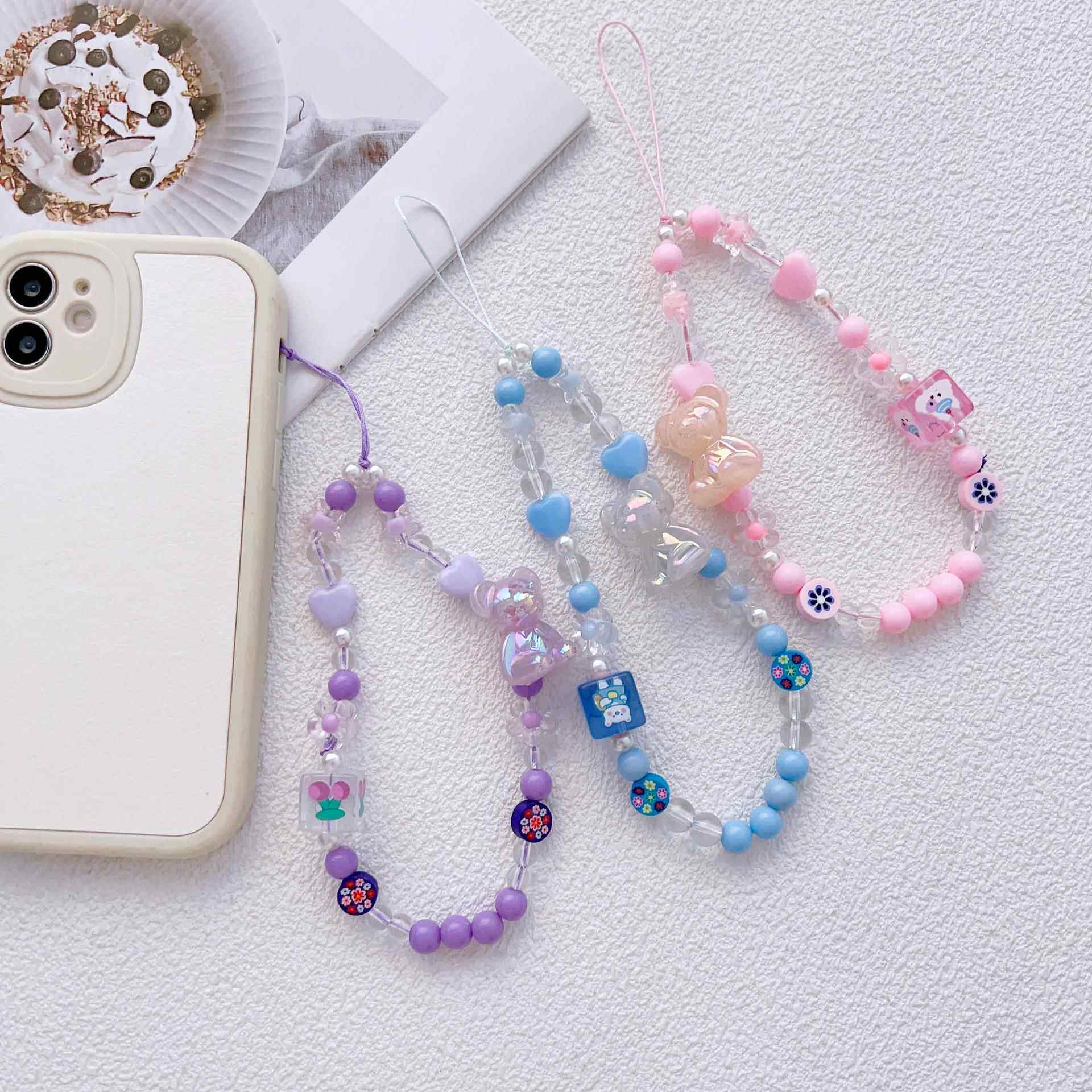 新款粉色油画小熊手机挂绳手机壳串珠手机链挂件饰品配件创意跨境