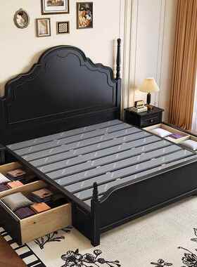 中风实1木床复古双人床主卧1物.5米储单人床.XRJ8轻奢黑色古人大