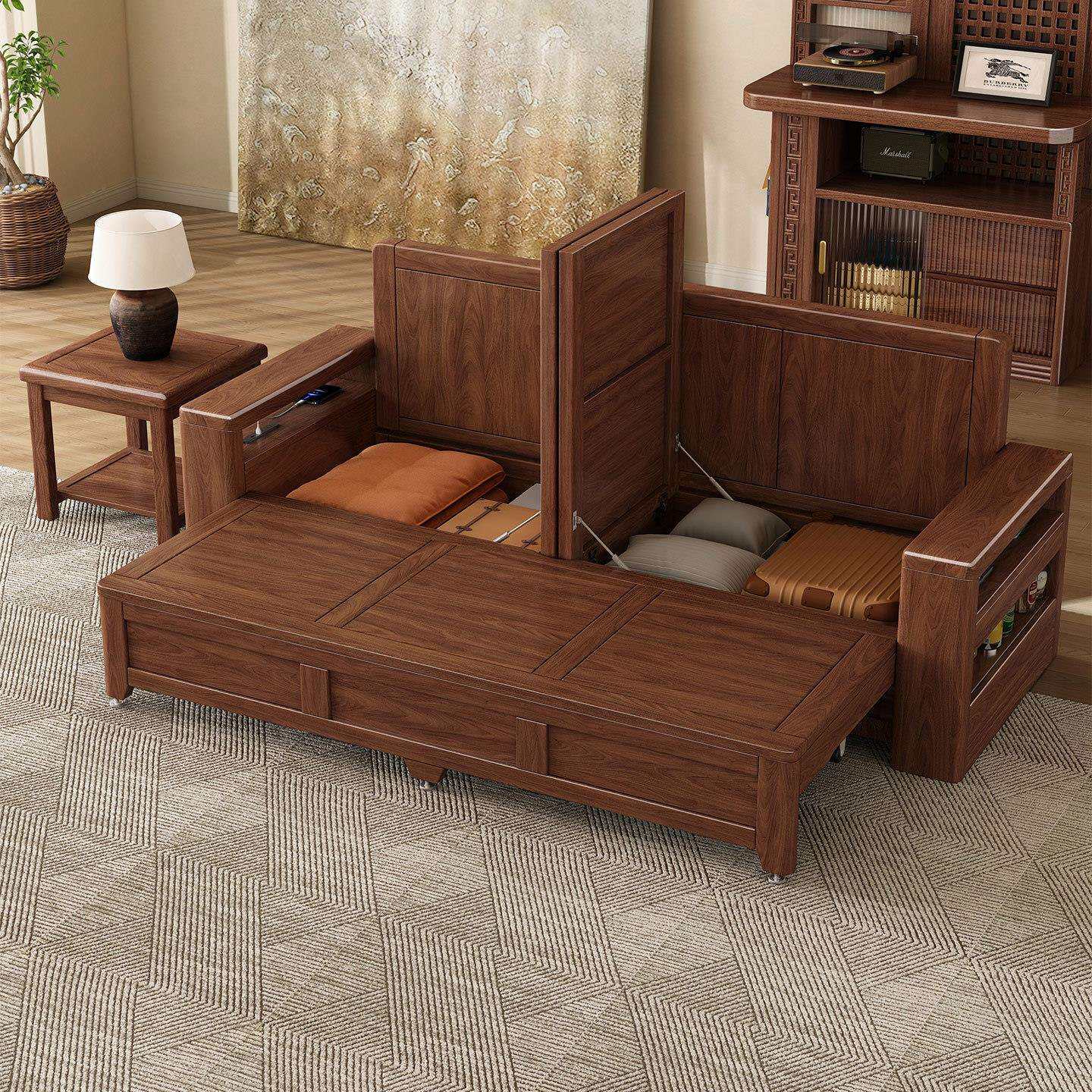 黑胡桃木实木沙发床大小户型客厅现代简约可折叠伸缩双人床罗汉床