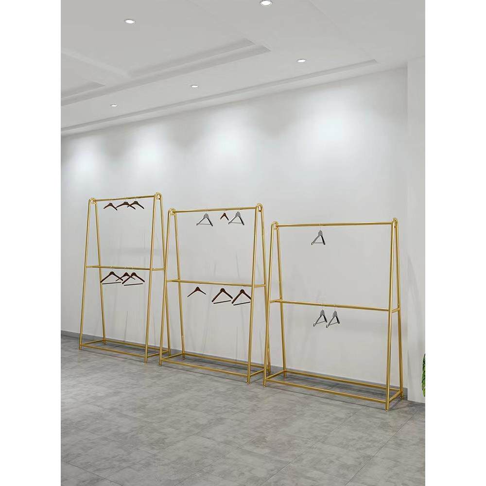 服装店展示架双层落地式晾衣架简易儿童服装展示架双杆晾衣架金色