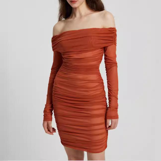 Womens solid color sexy slim fit mid-length off-shoulder