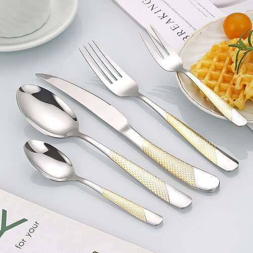 星钻不锈钢餐具刀叉勺创意酒店西餐四主件镀金牛排刀叉咖啡勺跨境