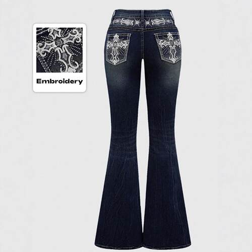 Vintage Cross Wings Embroidery Flared Jeans for WomenSlim