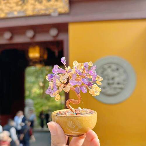 灵隐文创天然黄水晶聚宝盆发财树家具客厅办公室招财摆件桌面装饰