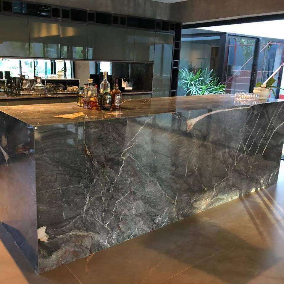 祥龙灰色奢石餐桌厨房台面大理石岛台 天然透光石材背景板