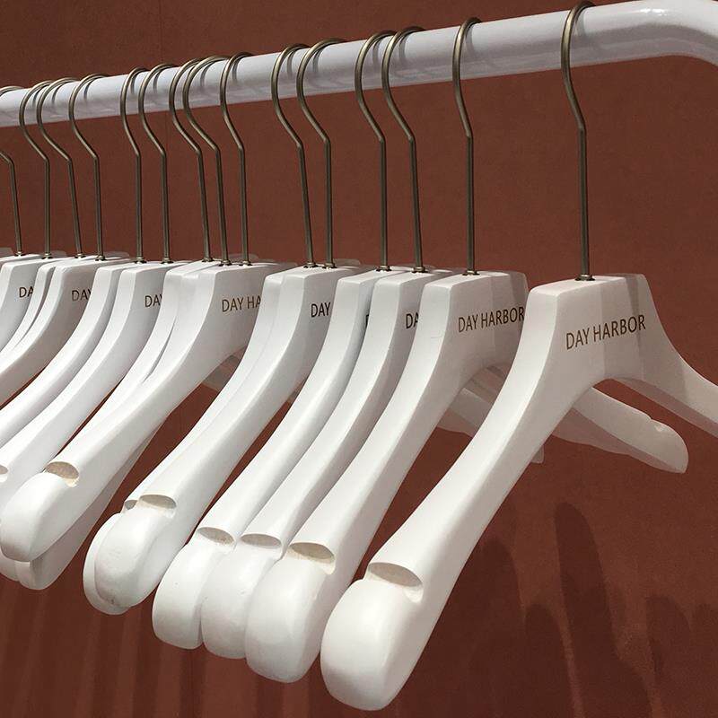 高档服装店木质礼服绒防滑长植钩男女纯O白色实刻木衣架成人LOG定