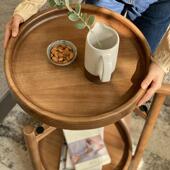 复古实木可移动沙发边几小茶几带轮餐车客厅阳台家用白蜡木小推车