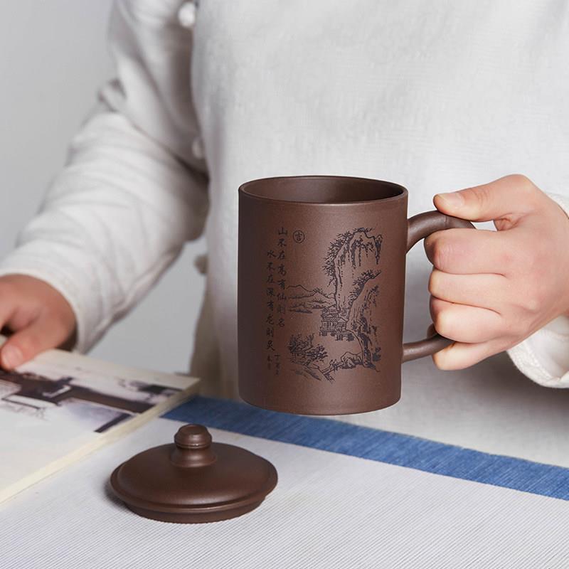 紫砂杯茶杯个人专用直口办公室泡茶杯茶缸子带把男士盖杯茶具家用