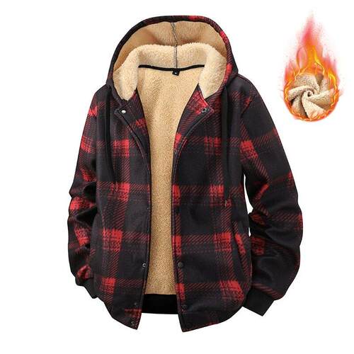 Men's Black and Wheat Checkered Fleece Lined Hoodie Jacket -