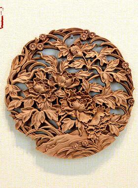 东阳木雕香樟原木白坯挂件中式客厅玄关背景墙装饰画圆形花鸟壁饰