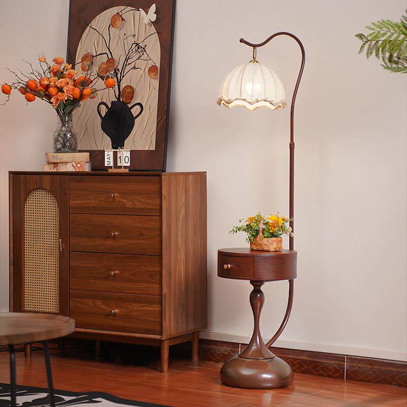 中古高级感带抽屉落地灯客厅沙发旁置物架复古卧室床头柜立式台灯