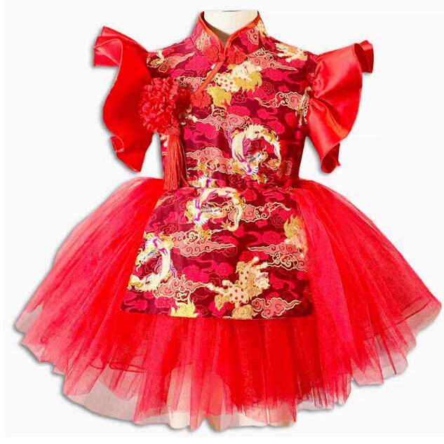 儿童蓬蓬纱裙演出服中国风喜庆大红色表演服幼儿中国风纱裙定制