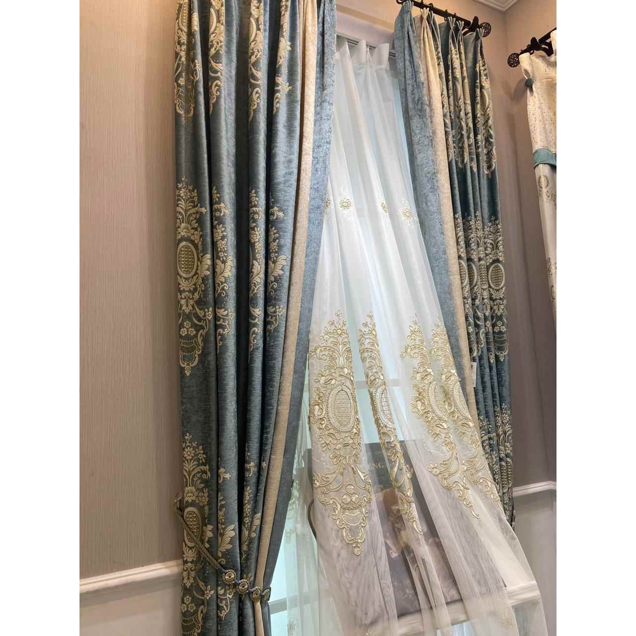 2020年新款欧式湖蓝大马仕革雪尼尔提花窗帘欧式绣花纱帘别墅简欧