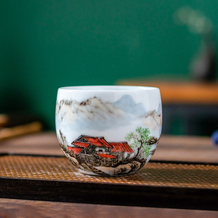 齐派山水主人杯陶瓷茶杯国家级大师刘培竹手绘品茗杯茶具家用送礼