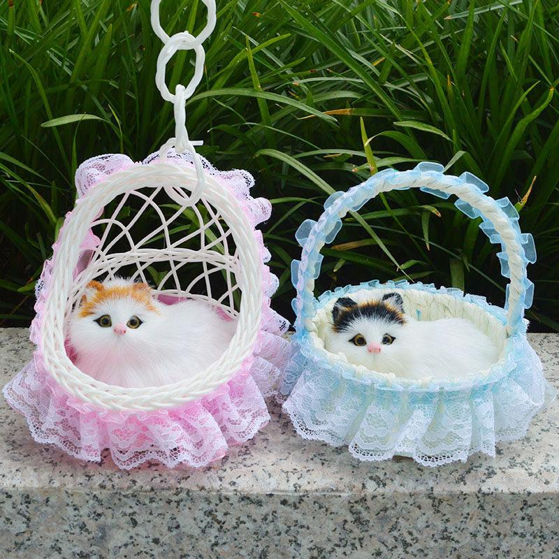 仿真花篮猫咪会叫仿真猫咪仿皮毛摆件新款花边提篮猫儿童玩具