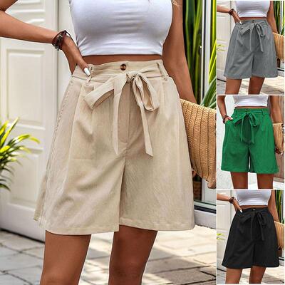 Women Casual Shorts Belt Pockets Fashionable Pants