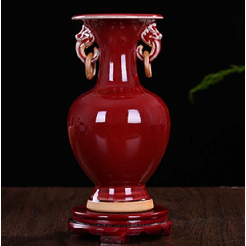 景德镇陶瓷器 仿古钧瓷郎红双耳小花瓶 客厅中式博古架工艺品摆件