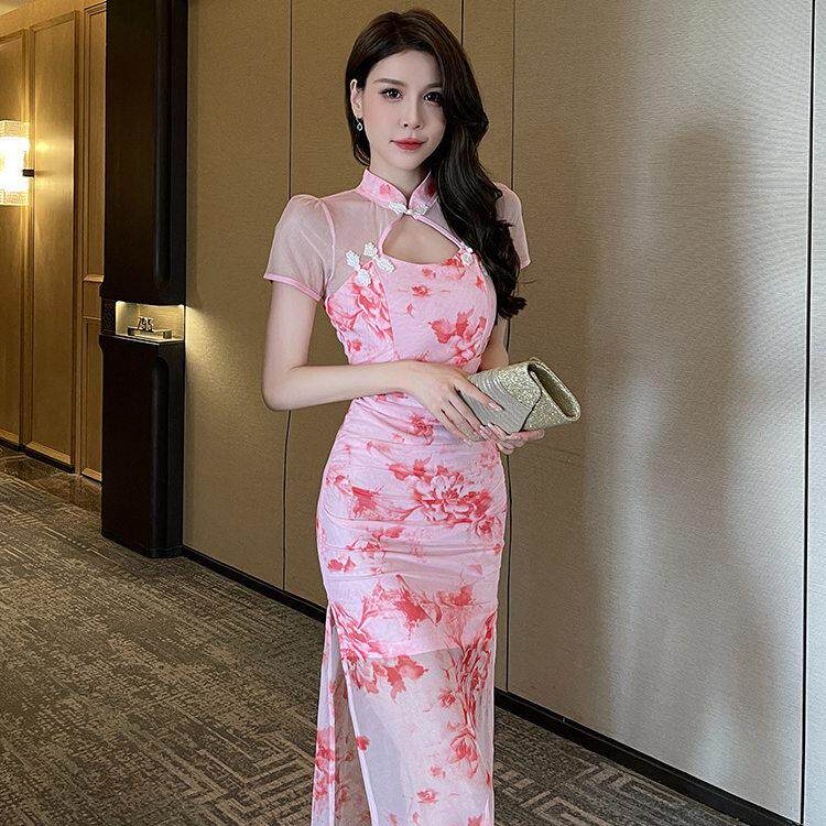 性感包臀晚礼服气质短袖碎花改良旗袍洋装柔式足浴技师长裙