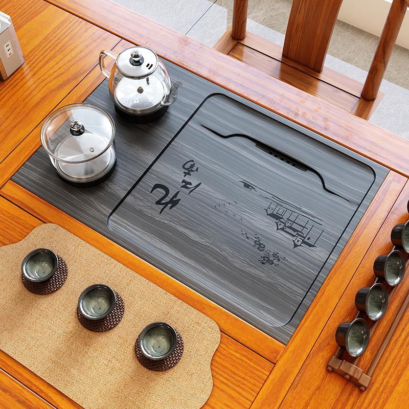 茶桌中间漏水面板定制嵌入式茶盘烧水壶一体全自动茶台石板镶嵌式
