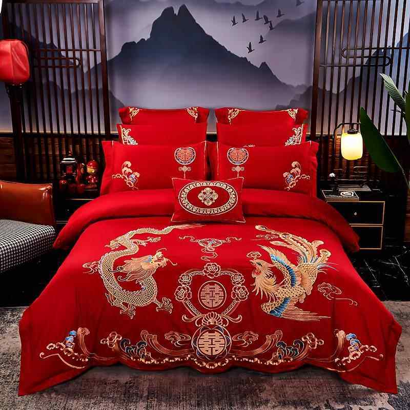 棉婚庆件四套房棉刺绣结婚大红色婚礼绣花床品喜VUM被床上用品