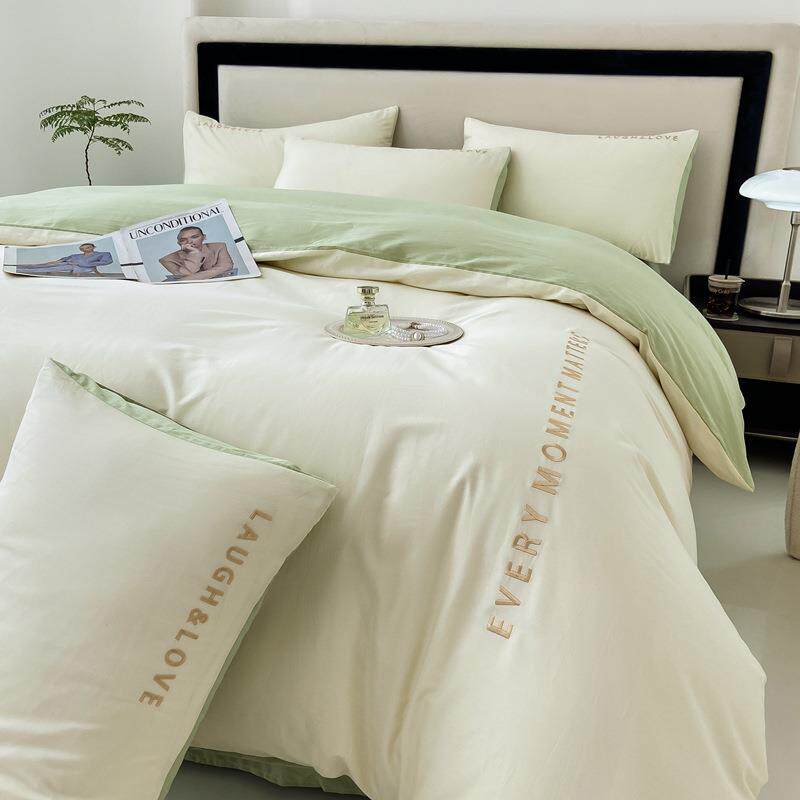 全棉床笠四件套纯色刺绣双拼长绒棉床品春夏纯棉薄款床单被罩套件