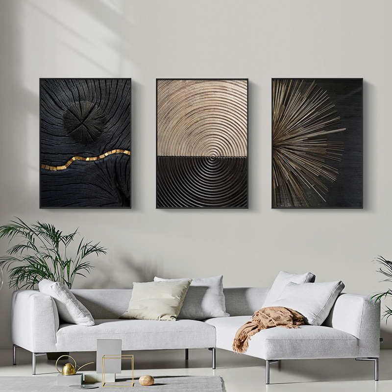 工业风金箔年轮现代黑白轻奢抽象装饰画客厅挂画样板间办公室墙画图片