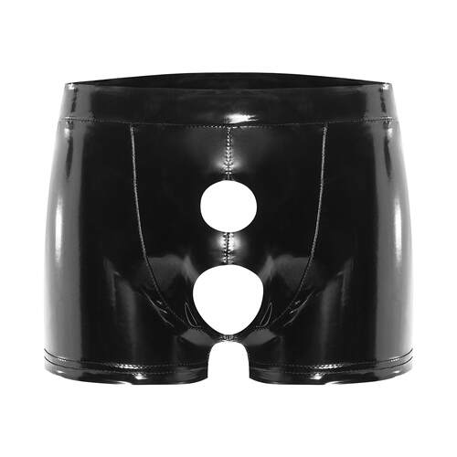 Men's shiny leather flat corner pants, open cut leather
