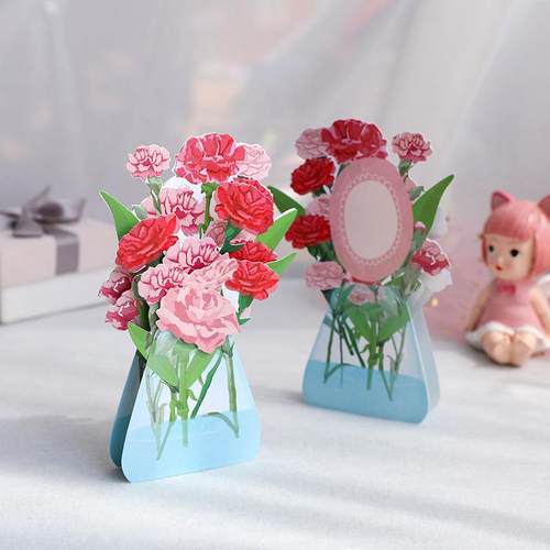 教师节立体贺卡D康乃馨花卉纸雕生日祝福创意摆件小卡片外贸