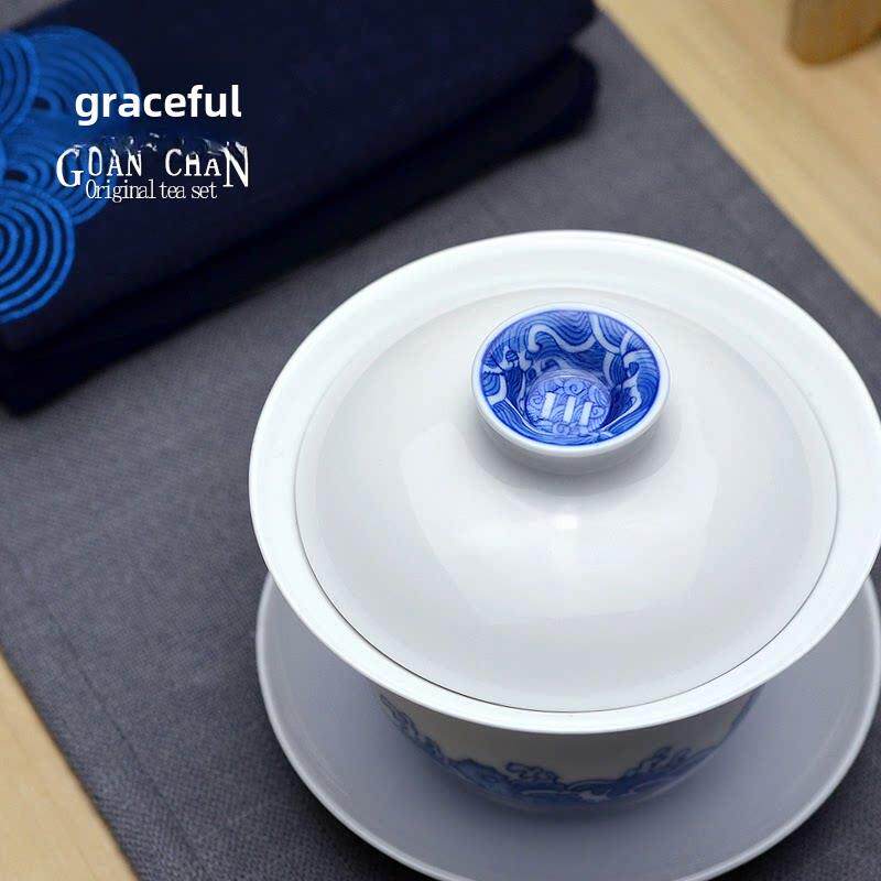 广祖景德镇手绘青花瓷盖碗大三彩杯茶碗陶瓷功夫茶具茶碗茶杯