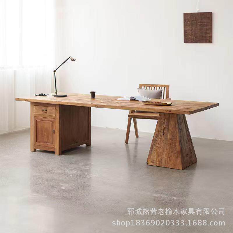 新中式老榆木茶桌多人位长方形门板桌实木办公会议桌椅大班桌餐桌