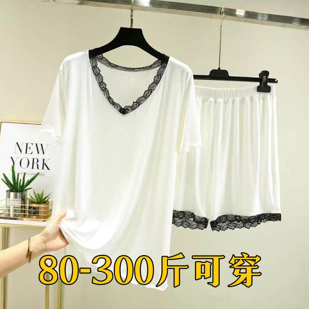 2-300斤短袖套装女士夏薄款胖MM大尺码宽松家居服蕾丝边简约睡衣