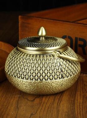 黄铜编制茶壶办公室茶桌茶具装饰纯铜摆件提梁壶金属工艺品