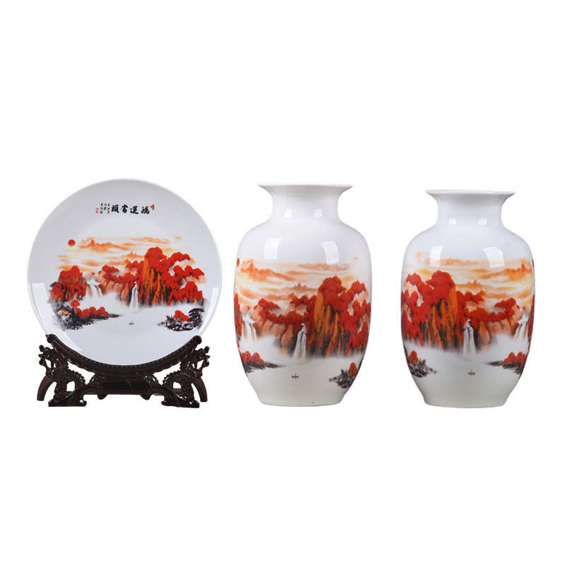 抖音爆款景德镇陶瓷器花瓶摆件鸿运当头三件套客厅电视柜玄关装饰