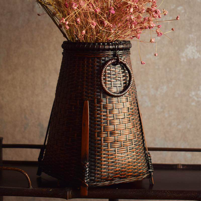 手工竹编插花器竹制品花篮子 竹摆件 茶室花器 竹制插花篮工艺品