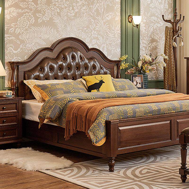 特价简约美式乡村核桃木全实木真牛皮软靠包床1.8m气压高箱储物床