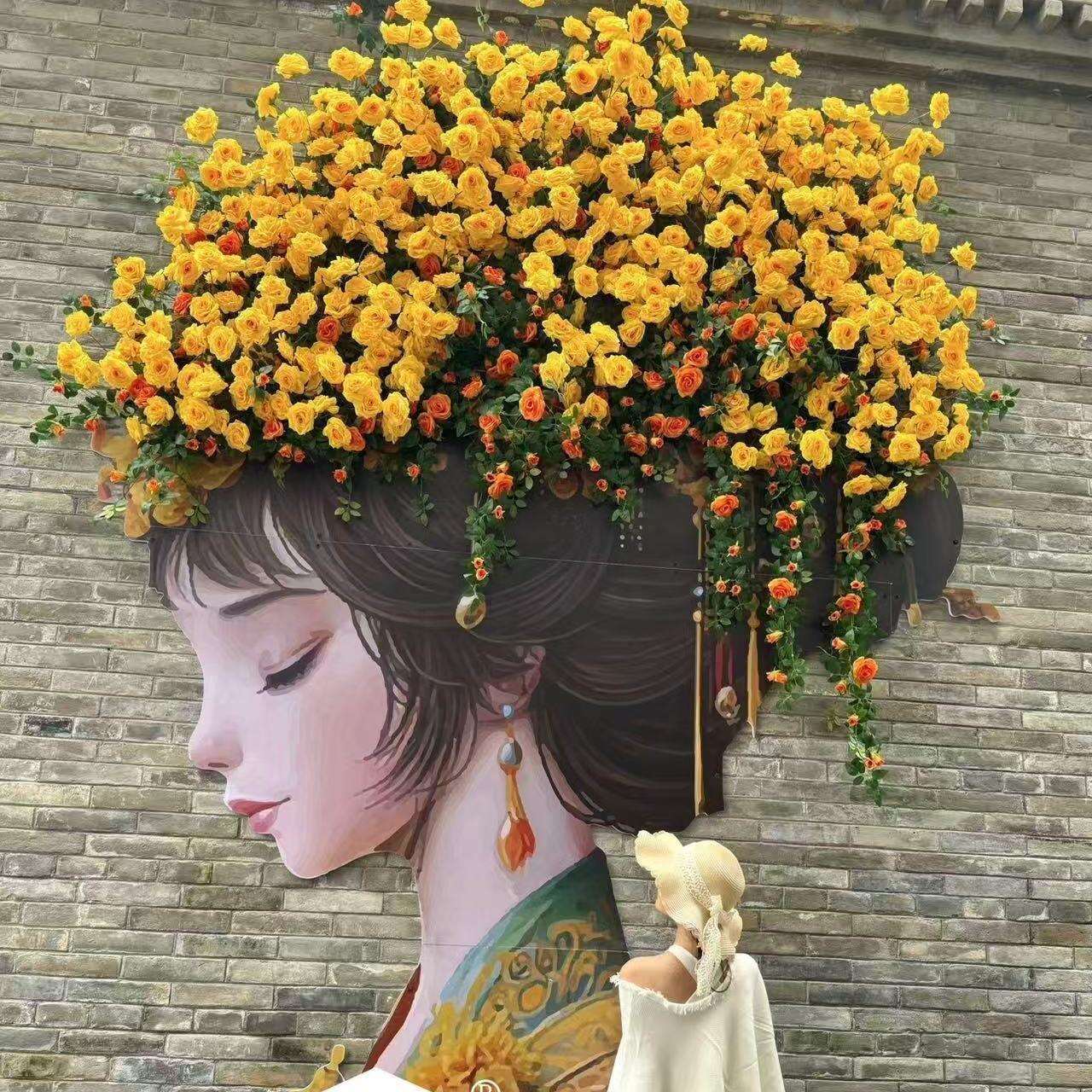 2026国风网红花墙女孩仿真鲜花玫瑰瀑布花墙文旅国粹拍照打卡背景