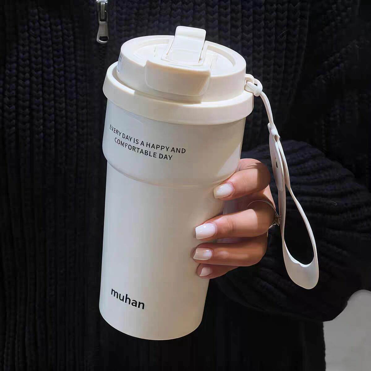 咖啡杯双饮保温杯简约黑白吸管杯送男女朋友情侣水杯礼物商务车载
