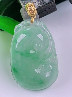 缅甸天然真品翡翠18k金扣头冰种满绿飘花高端闪拍如意玉吊坠2.41g