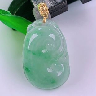 缅甸天然真品翡翠18k金扣头冰种满绿飘花高端闪拍如意玉吊坠2.41g