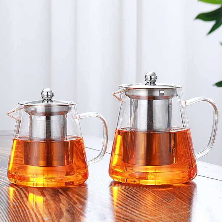 玻璃茶壶茶具不锈钢过滤高硼硅玻璃泡茶壶直身钢漏壶大容量三角壶
