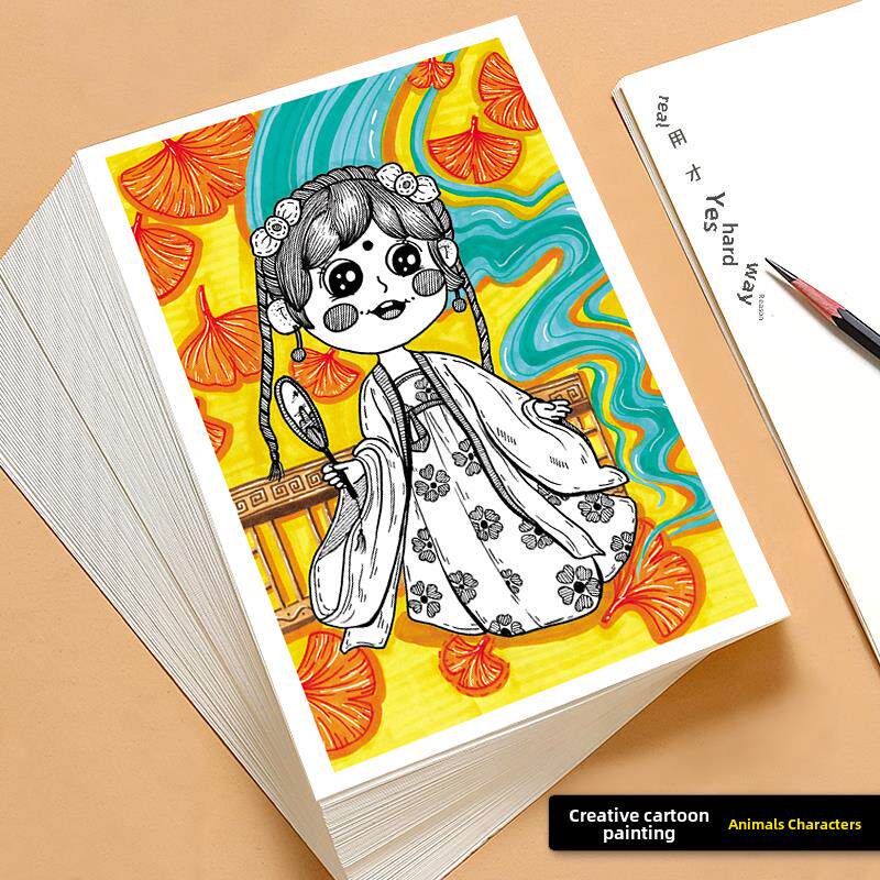 彩色线描画临摹卡创意卡通动物与人物步骤版马克笔少儿美术画32张